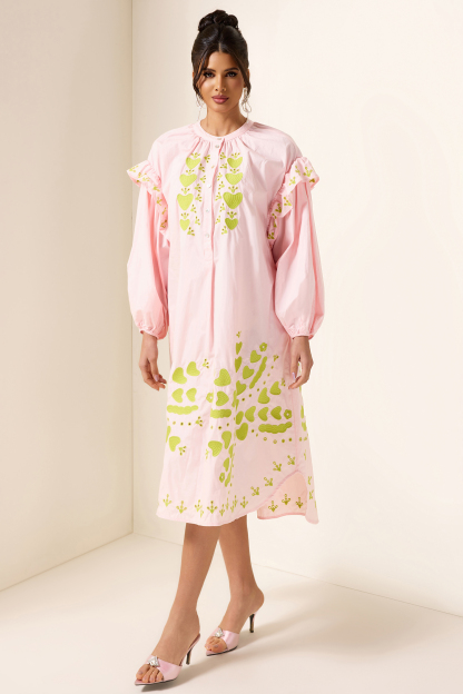 Embroidered Lantern Sleeve Heart Print Midi Dress