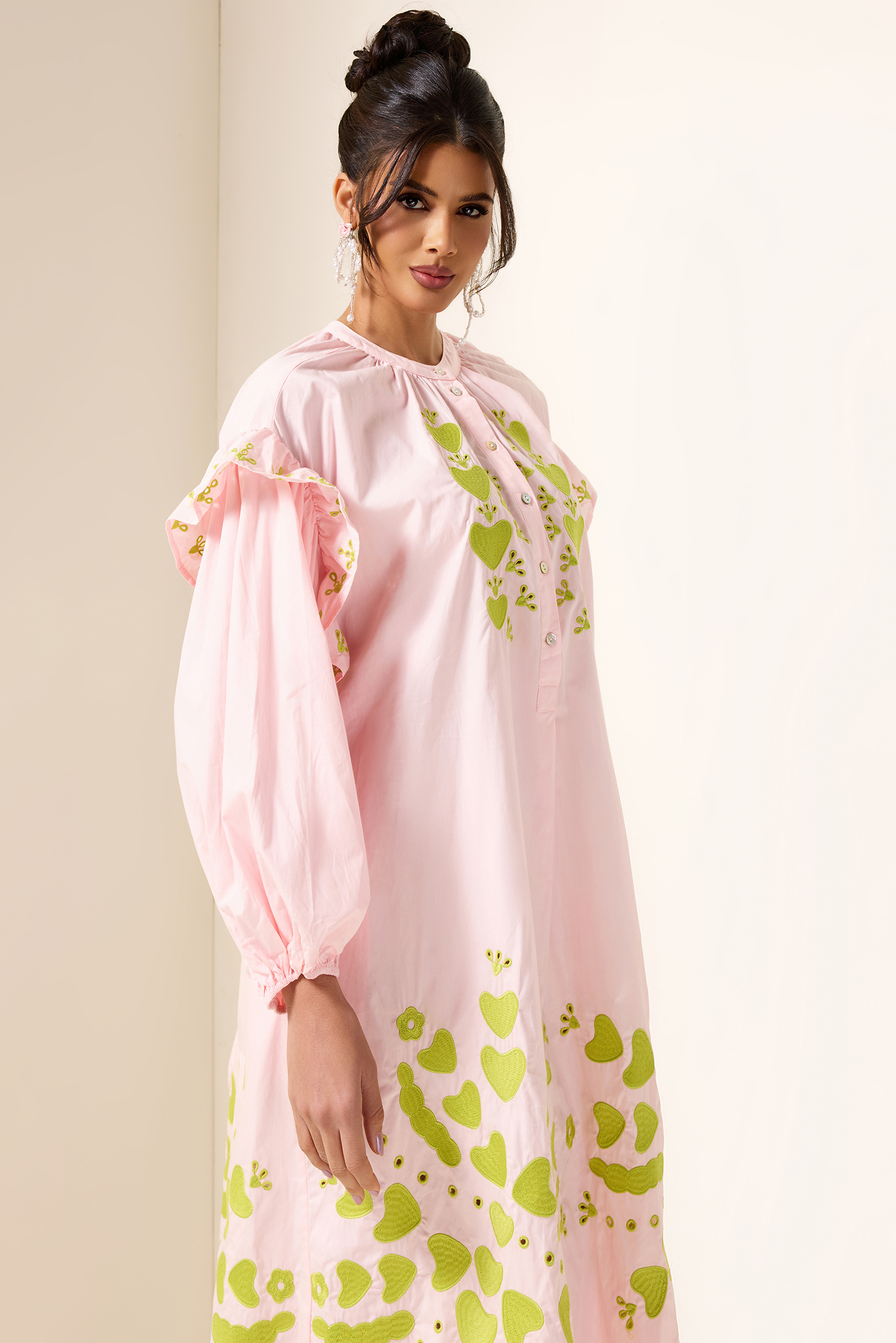 Embroidered Lantern Sleeve Heart Print Midi Dress