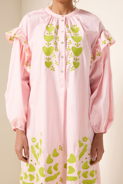 Embroidered Lantern Sleeve Heart Print Midi Dress