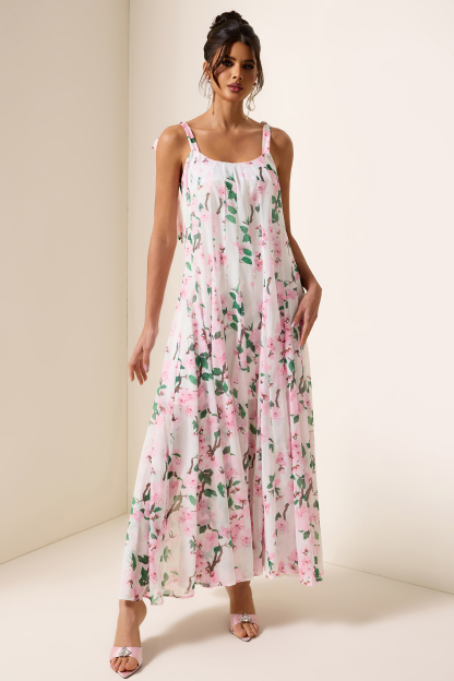 Floral Ruched Sweetheart Neck Maxi Dress