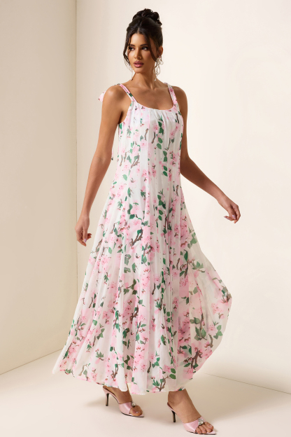 Floral Ruched Sweetheart Neck Maxi Dress