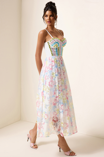 Rhinestone Corset Pleated Midi Dress