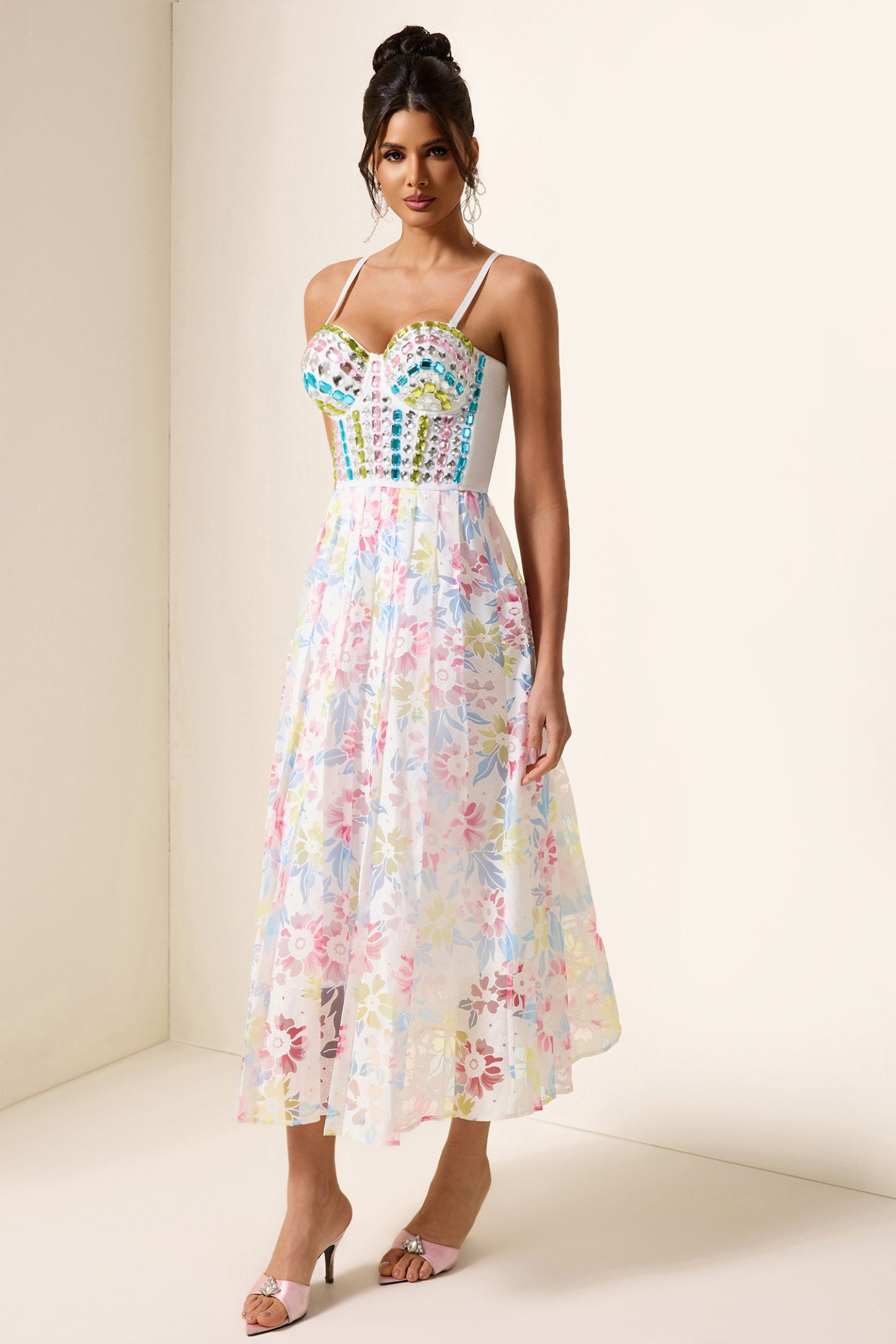 Rhinestone Corset Pleated Midi Dress