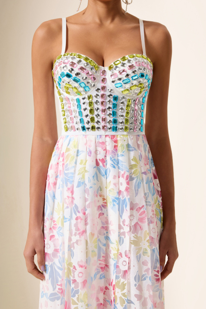 Rhinestone Corset Pleated Midi Dress