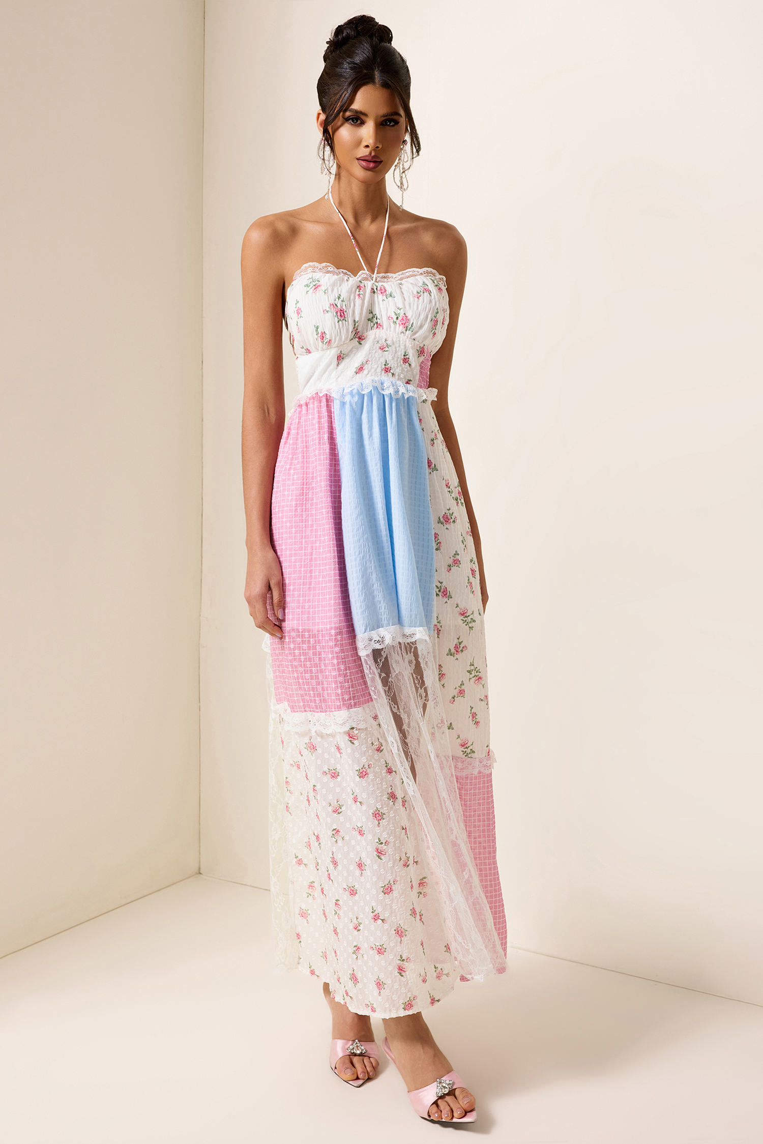 Floral Patchwork Print Lace Midi Dress