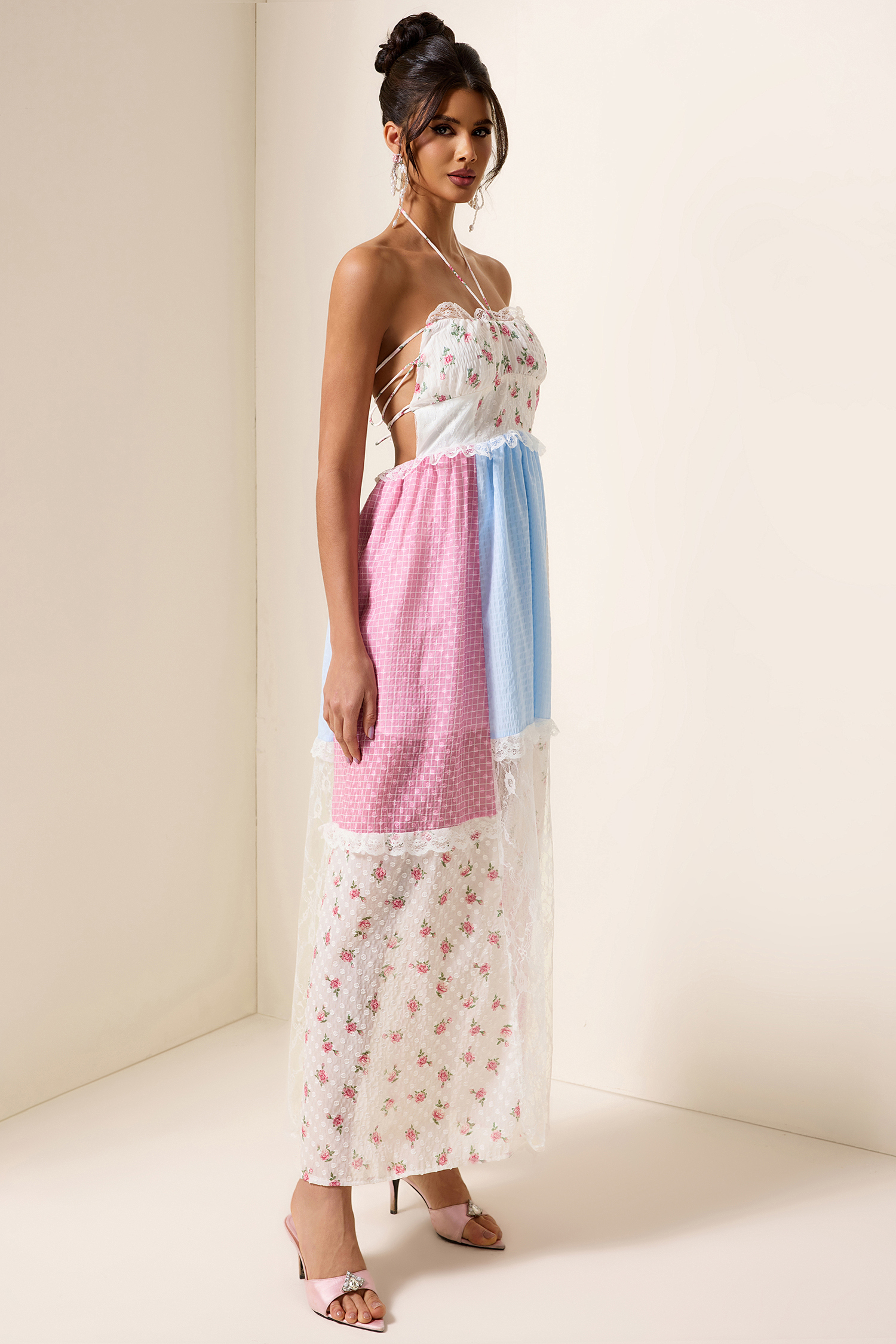 Floral Patchwork Print Lace Midi Dress