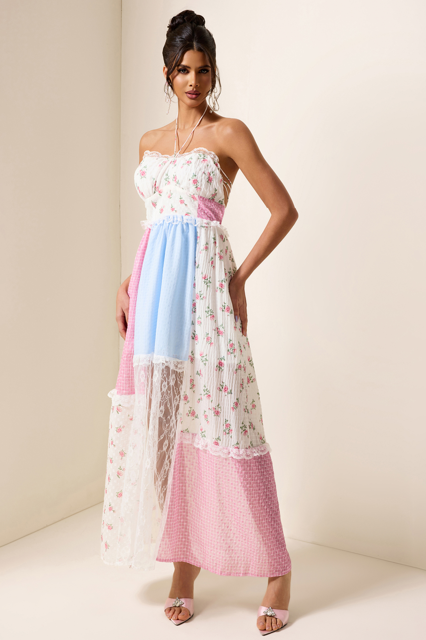 Floral Patchwork Print Lace Midi Dress