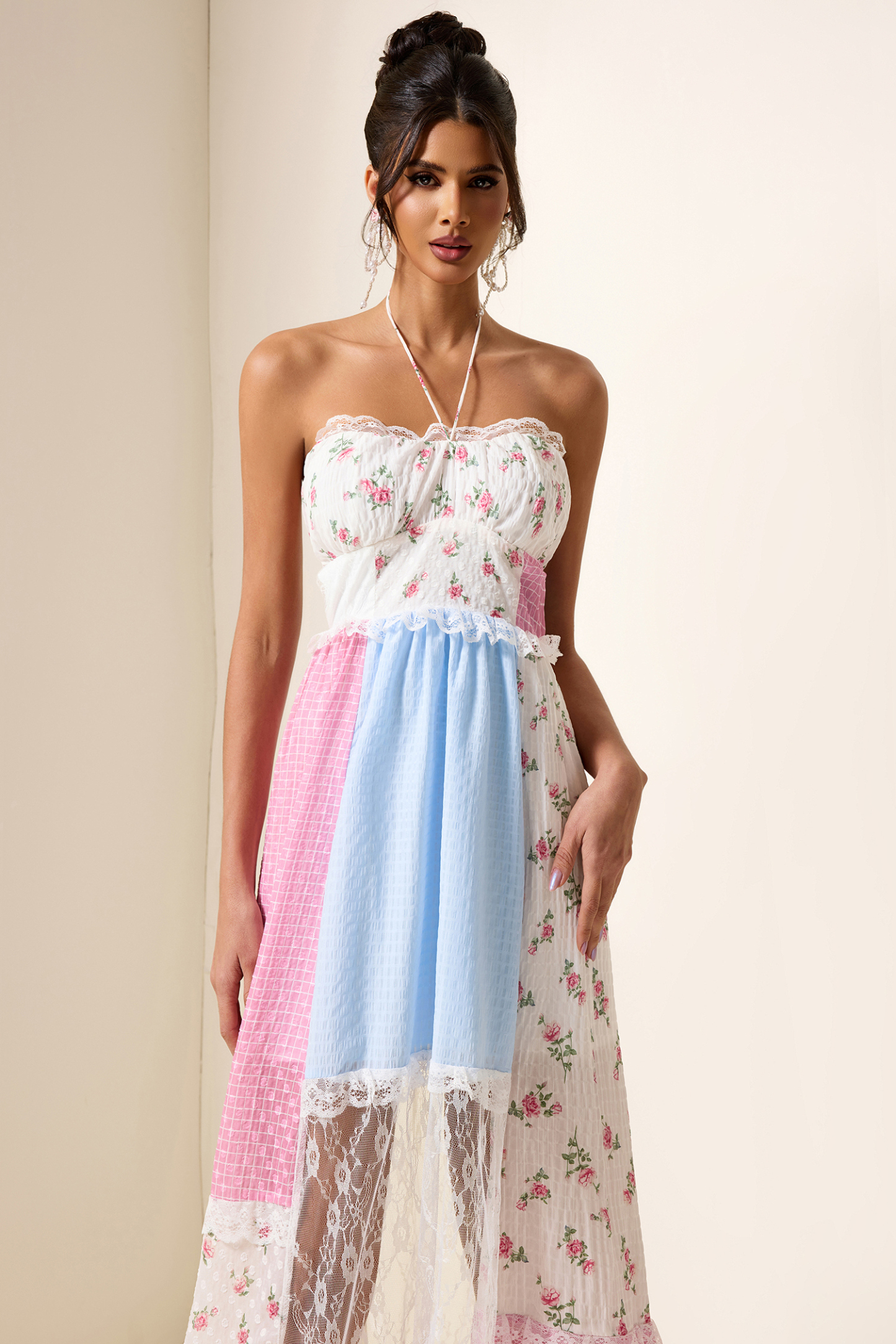 Floral Patchwork Print Lace Midi Dress