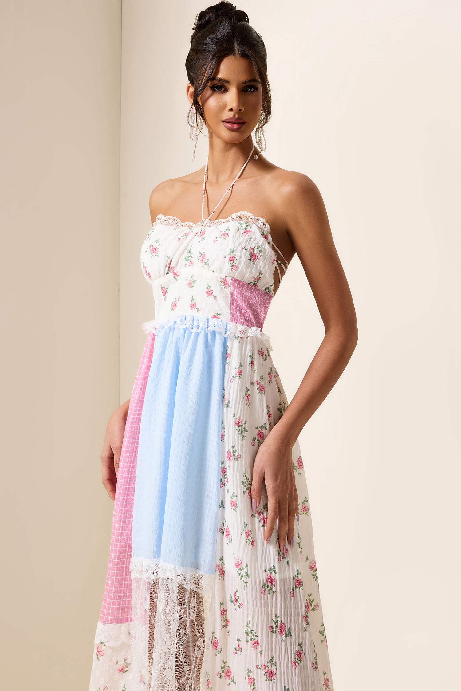 Floral Patchwork Print Lace Midi Dress
