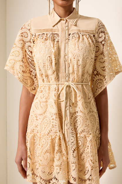 Solid Lace Shirt Collar Mini Dress