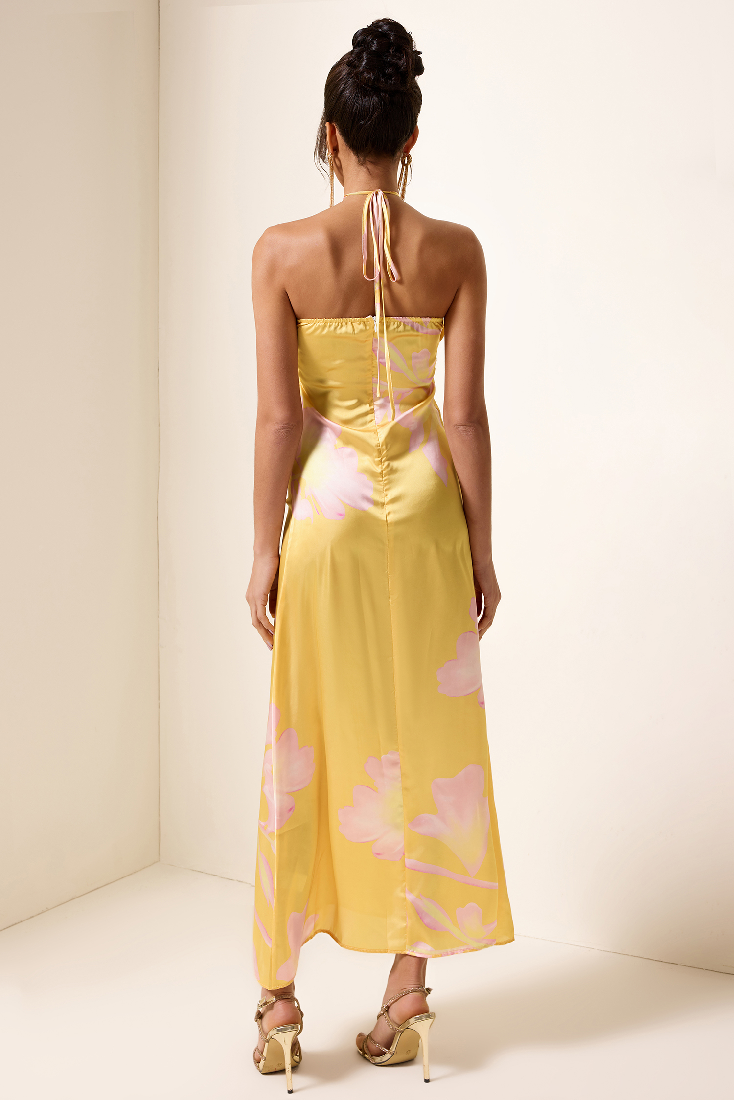 Satin Floral Halter Neck Midi Dress