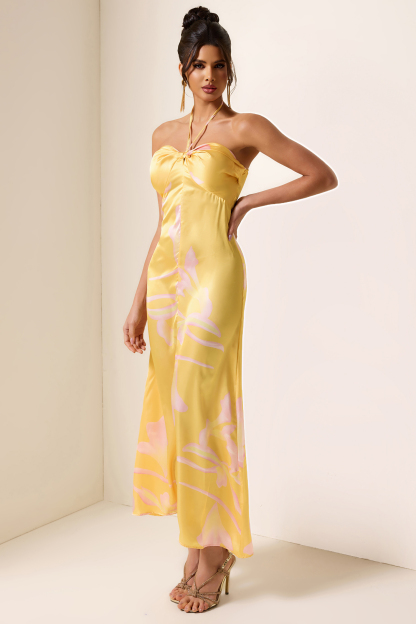 Satin Floral Halter Neck Midi Dress