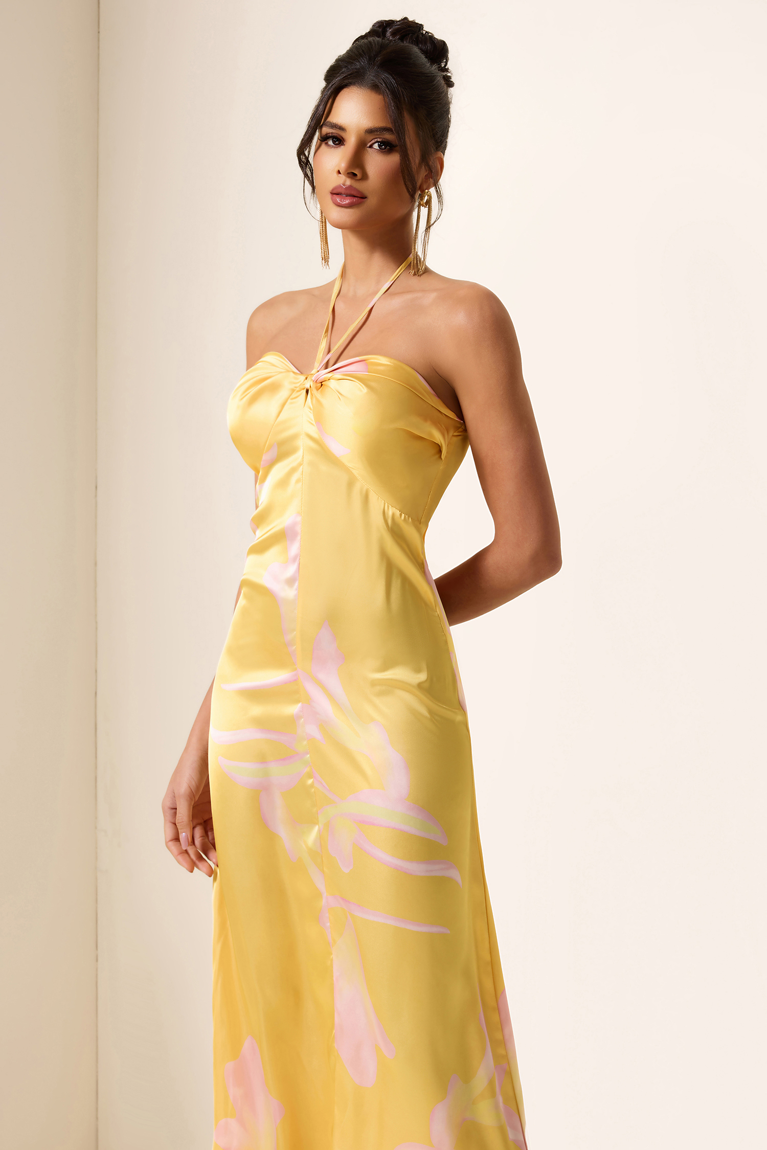 Satin Floral Halter Neck Midi Dress