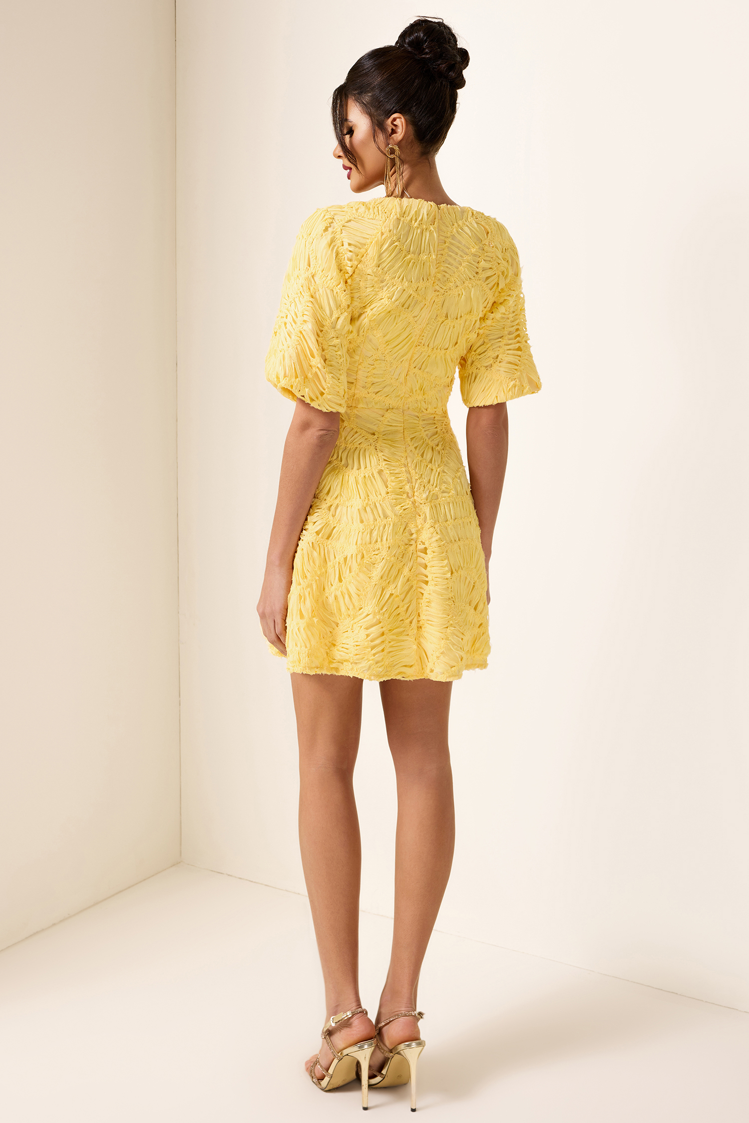 Cut-Out V-Neck Puff Sleeve Mini Dress