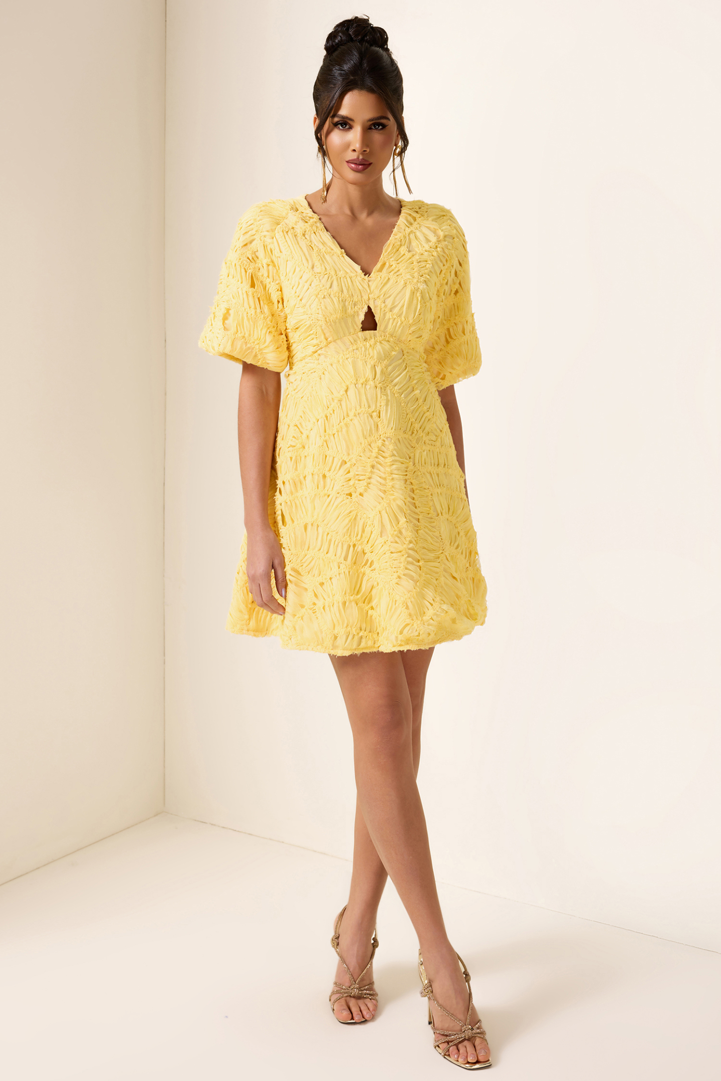 Cut-Out V-Neck Puff Sleeve Mini Dress