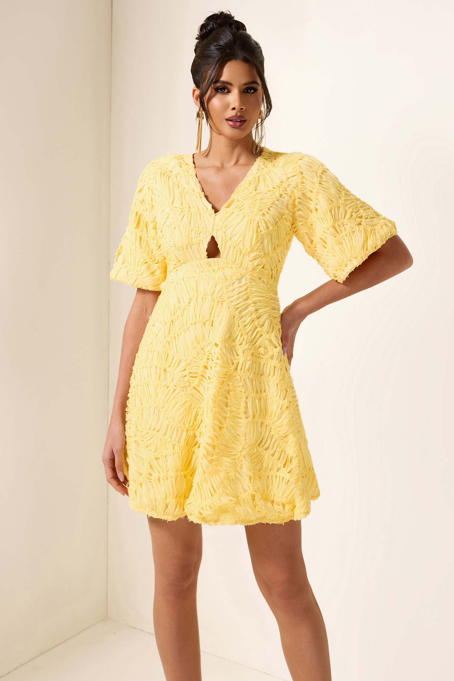 Cut-Out V-Neck Puff Sleeve Mini Dress