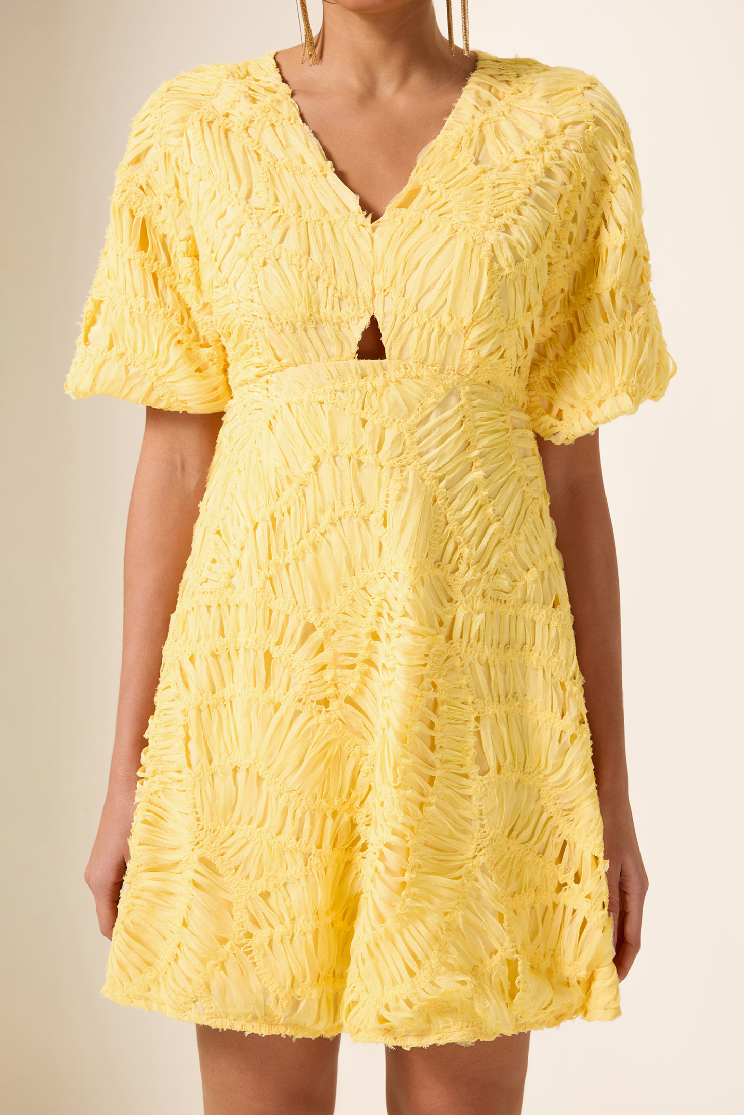 Cut-Out V-Neck Puff Sleeve Mini Dress