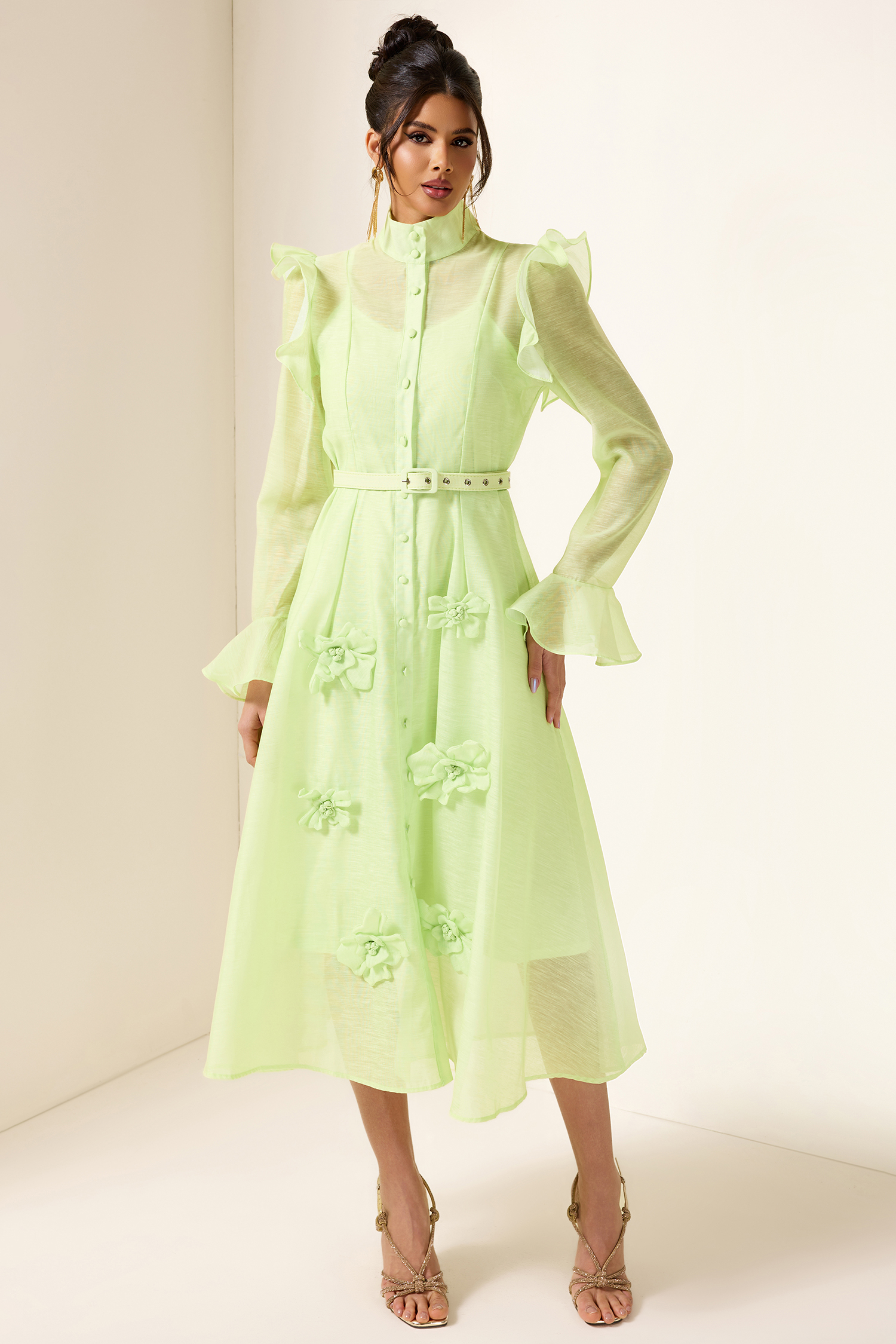 Solid 3D Floral Frill Midi Dress