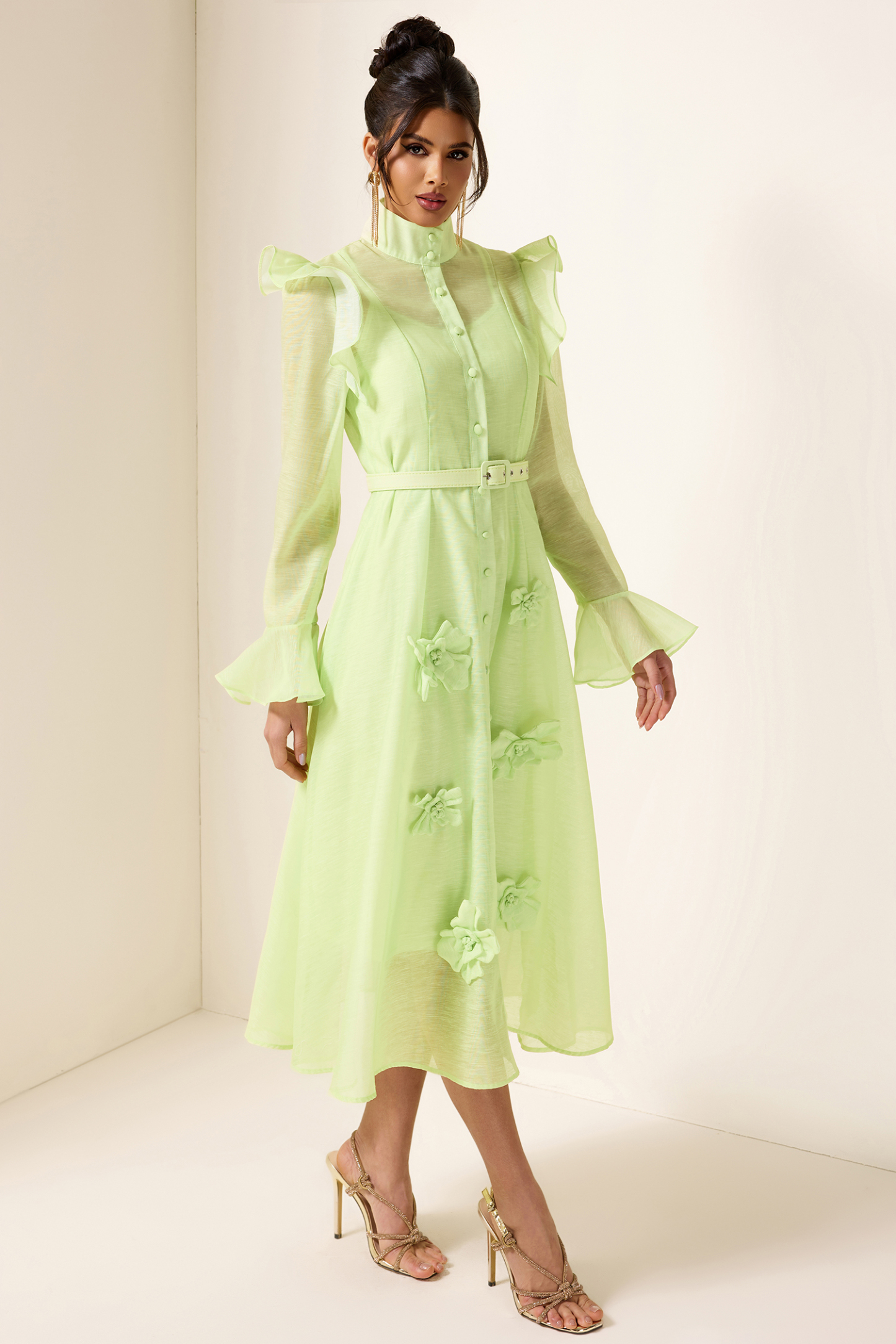 Solid 3D Floral Frill Midi Dress