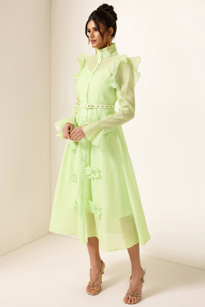 Solid 3D Floral Frill Midi Dress