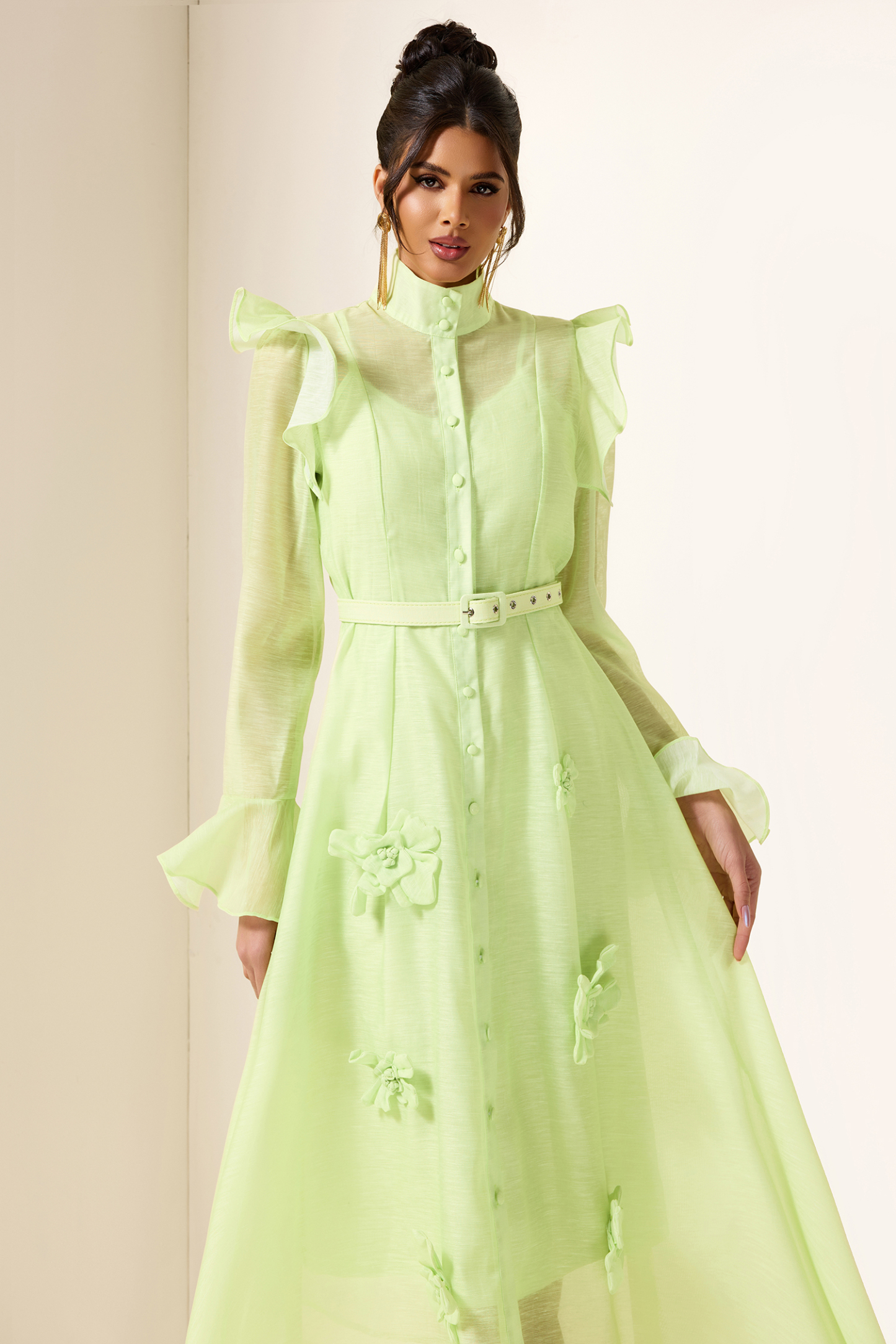 Solid 3D Floral Frill Midi Dress