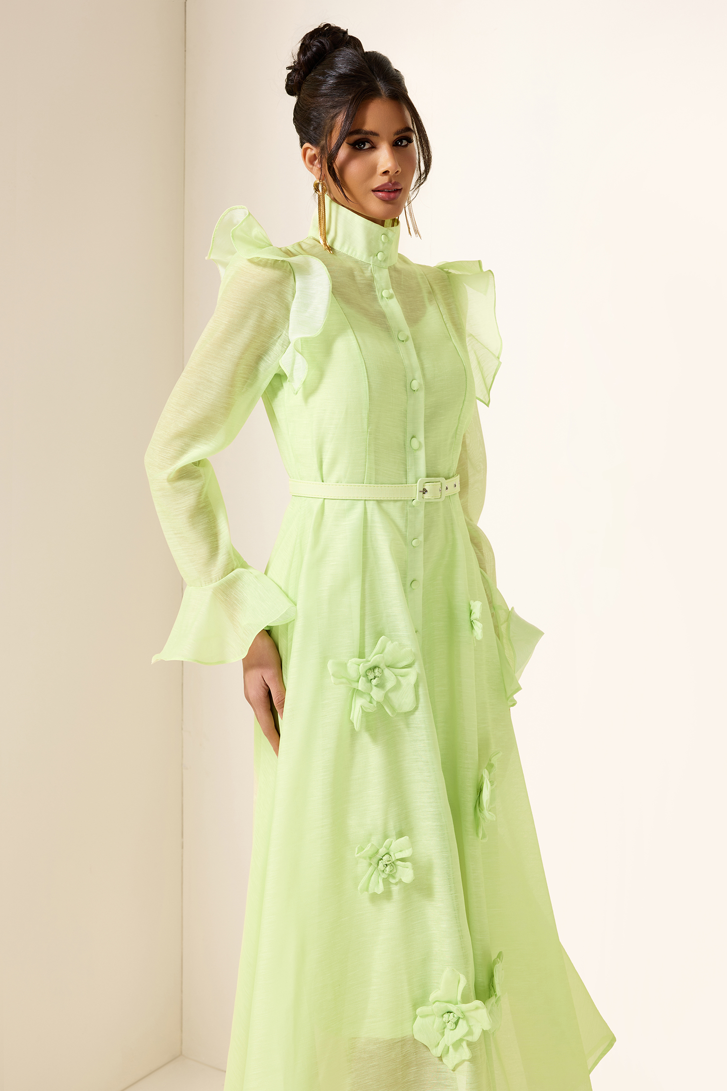 Solid 3D Floral Frill Midi Dress