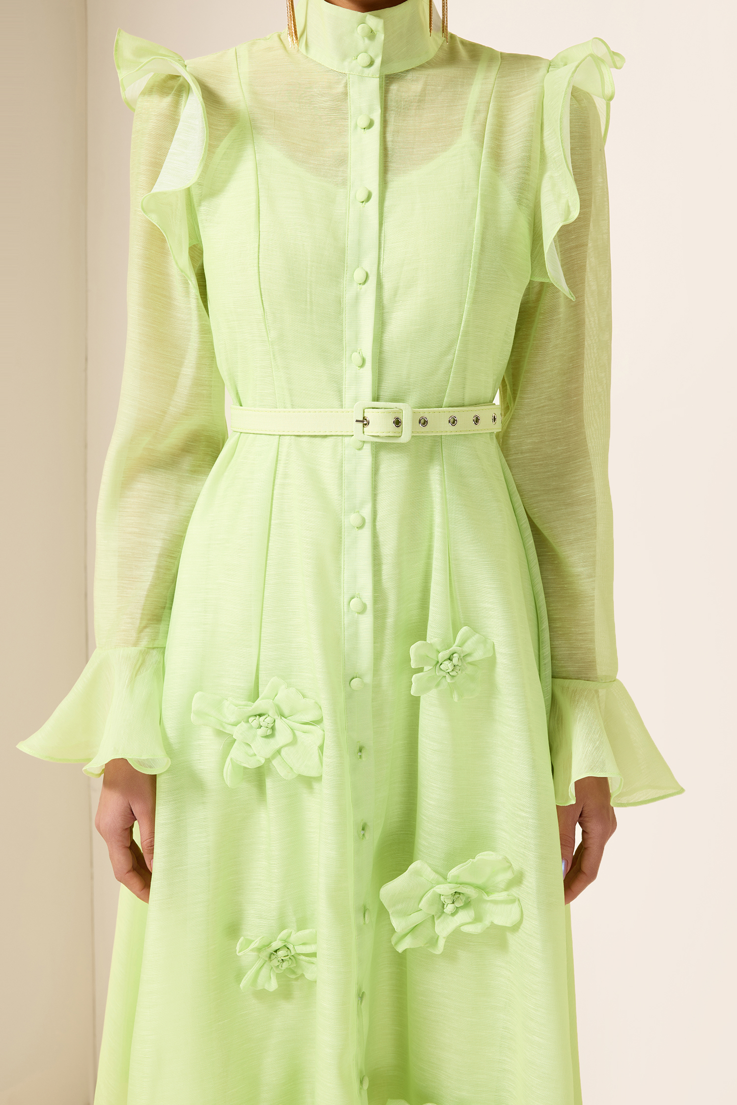 Solid 3D Floral Frill Midi Dress