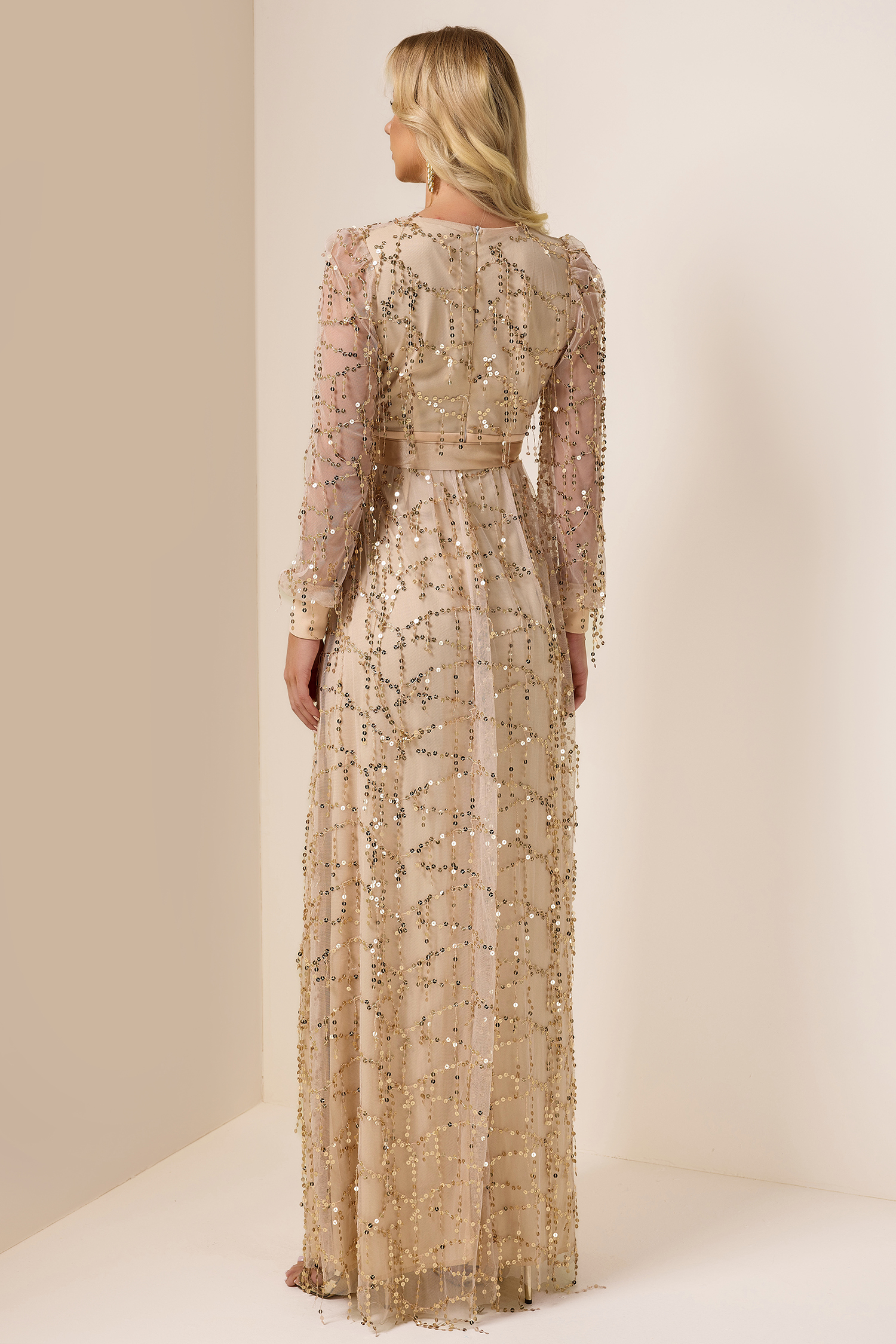 Sequin V-Neck Split Midi Dress With Belt