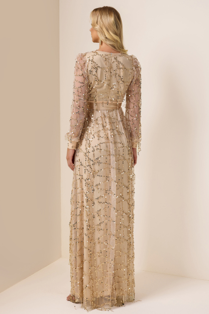 Sequin V-Neck Split Midi Dress With Belt