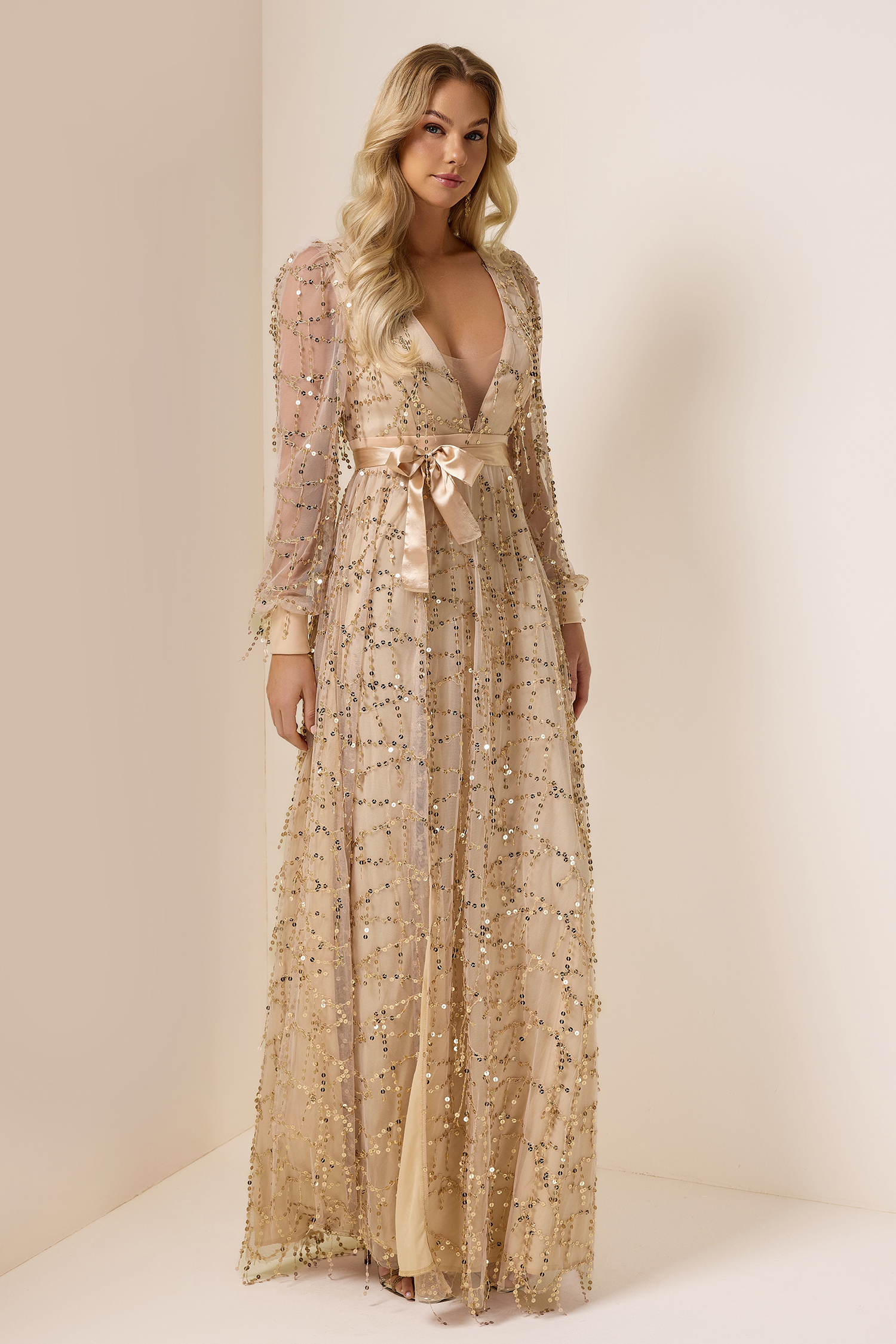 Sequin V-Neck Split Midi Dress With Belt