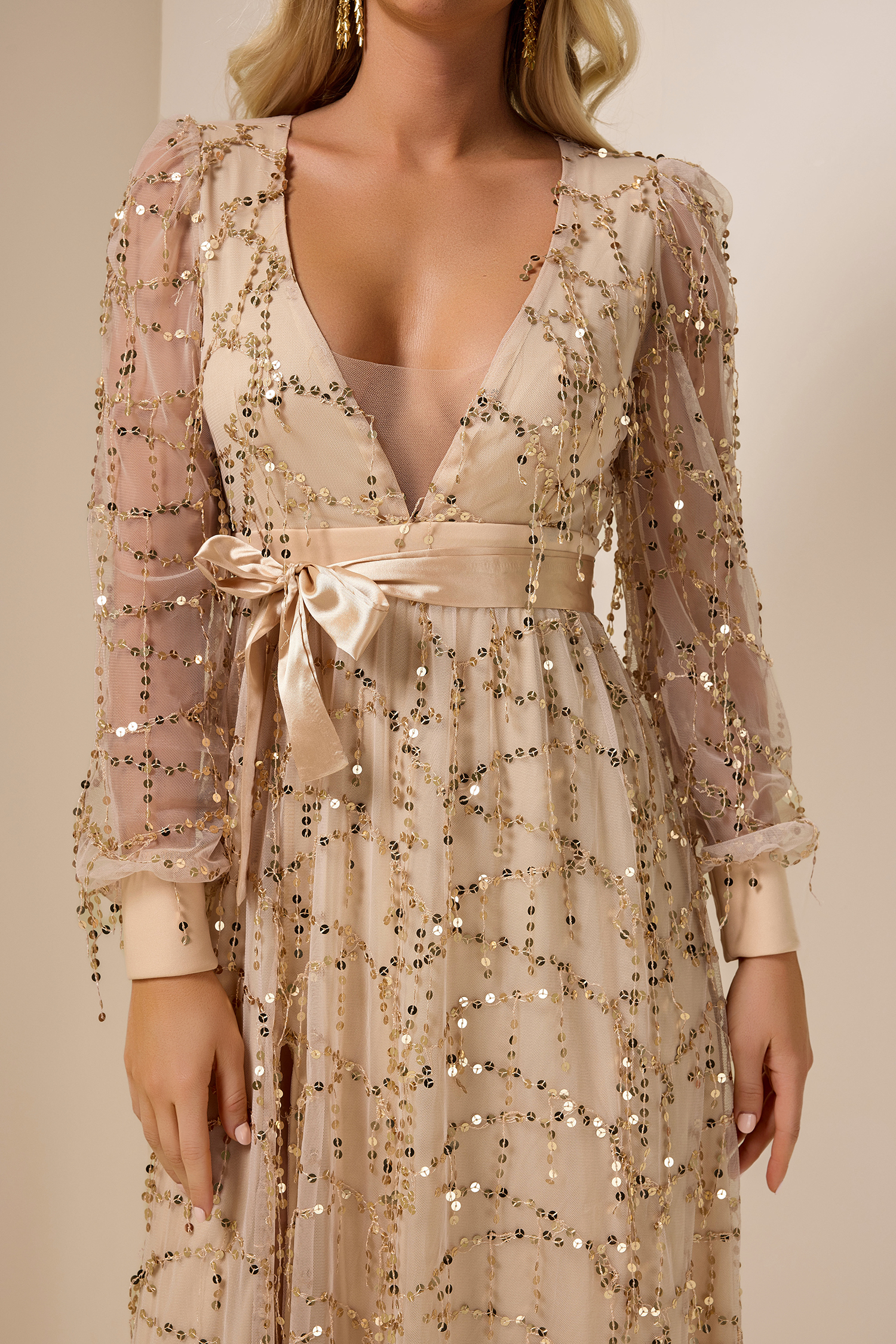 Sequin V-Neck Split Midi Dress With Belt