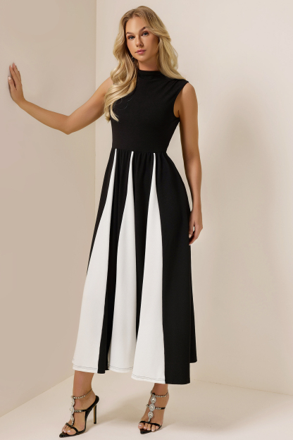 Contrast Color Round Neck Sleeveless Midi Dress
