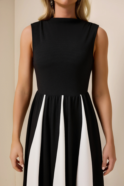 Contrast Color Round Neck Sleeveless Midi Dress