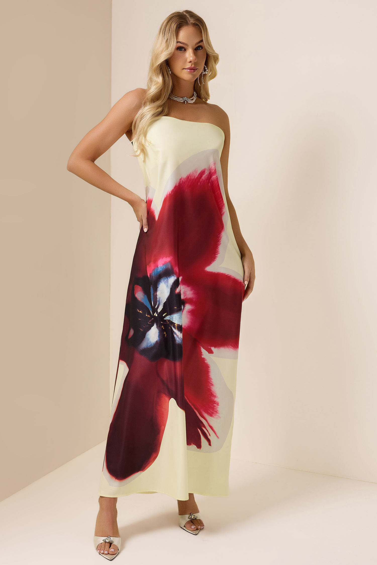 Floral Satin Off Shoulder Maxi Dress