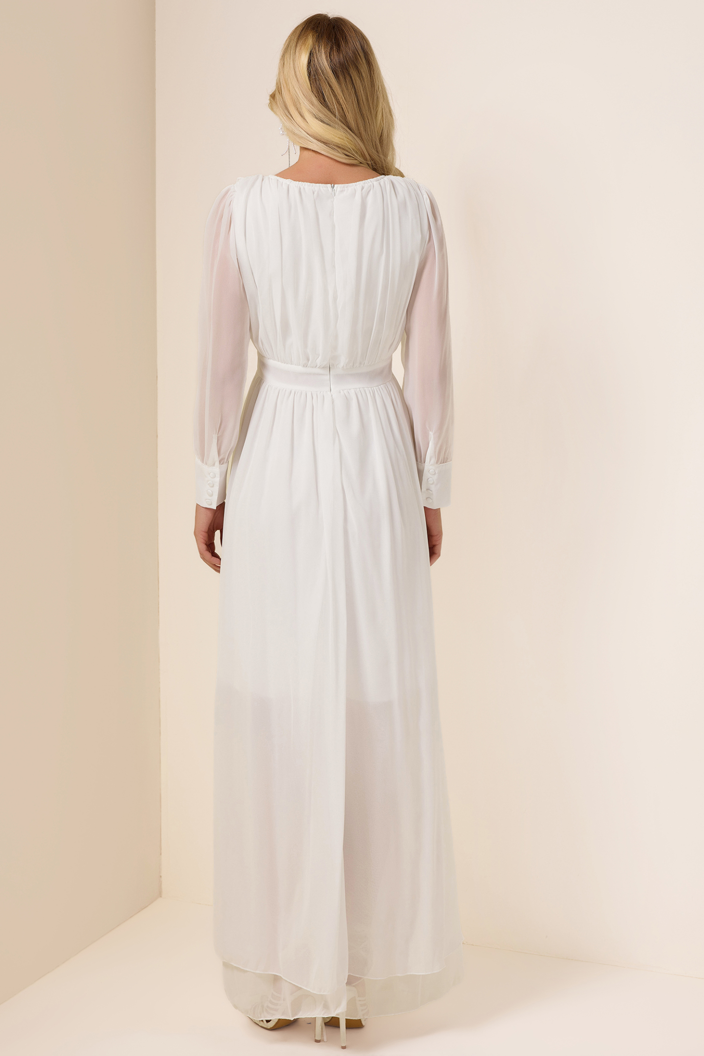 Solid Ruched Lantern Sleeve Maxi Dress