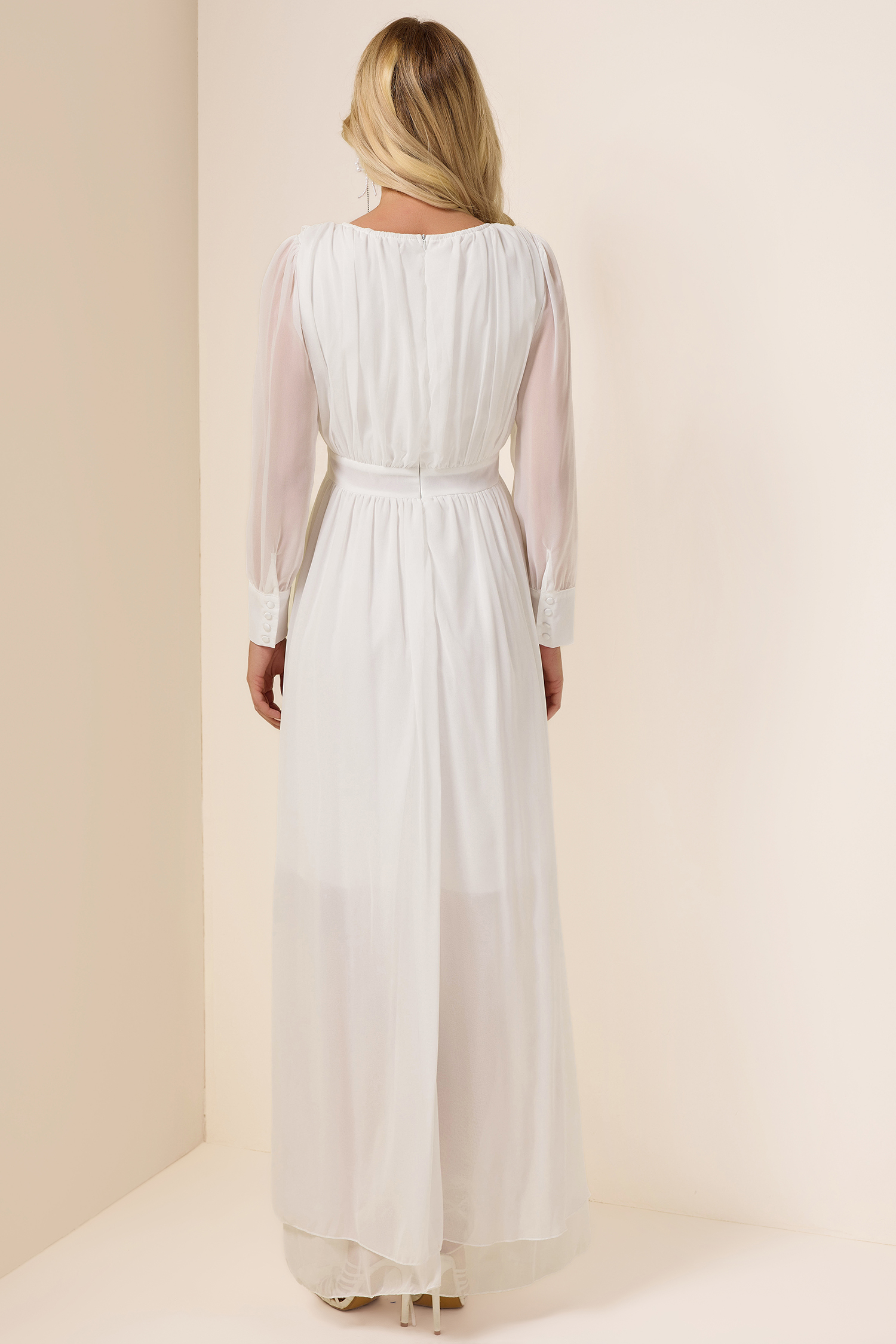 Solid Ruched Lantern Sleeve Maxi Dress