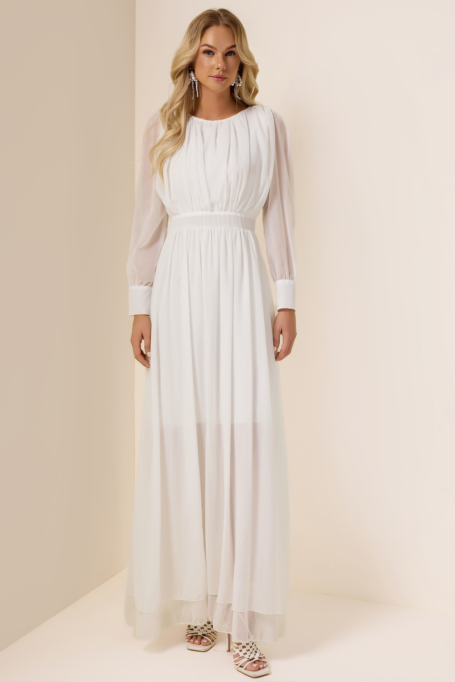 Solid Ruched Lantern Sleeve Maxi Dress