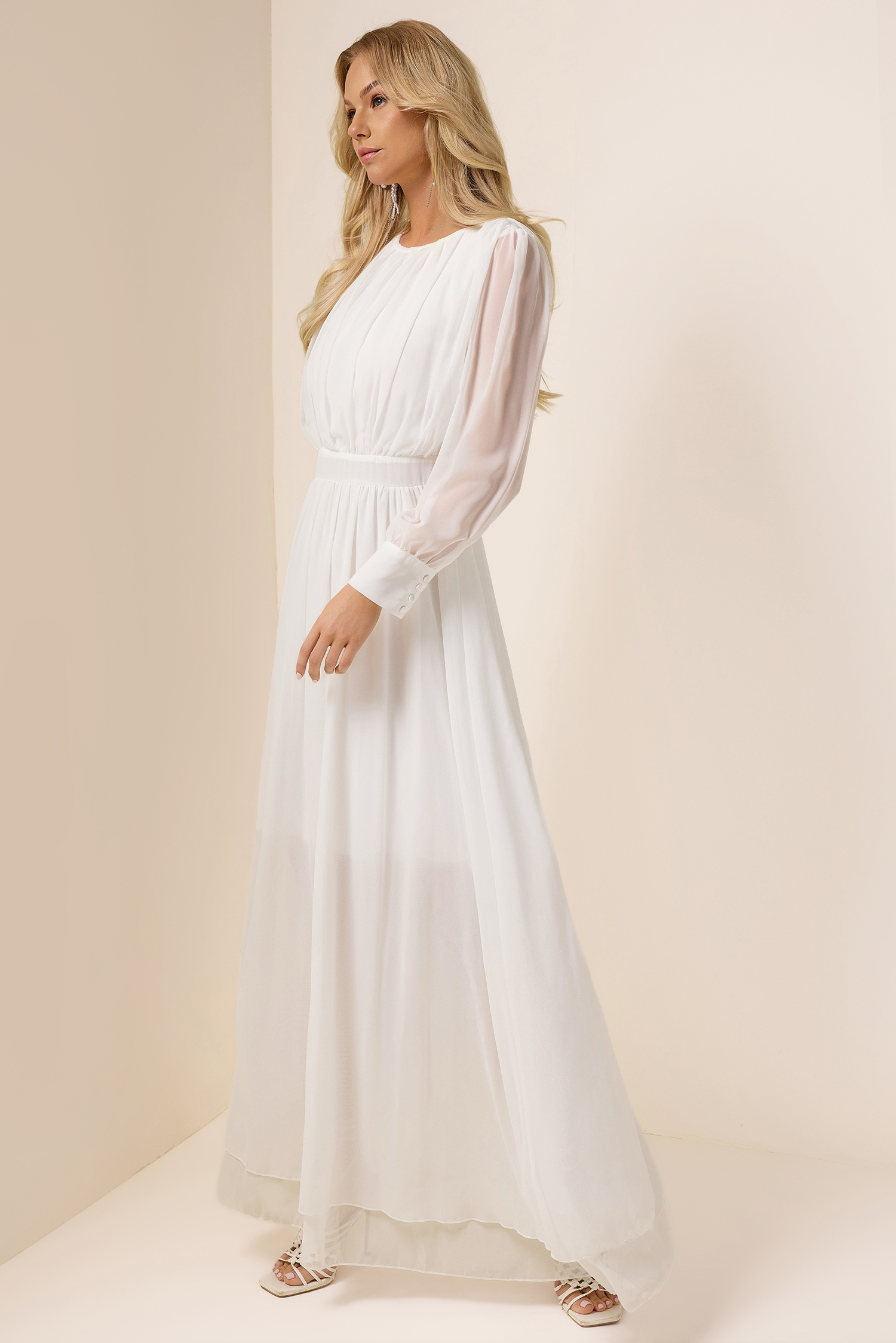 Solid Ruched Lantern Sleeve Maxi Dress
