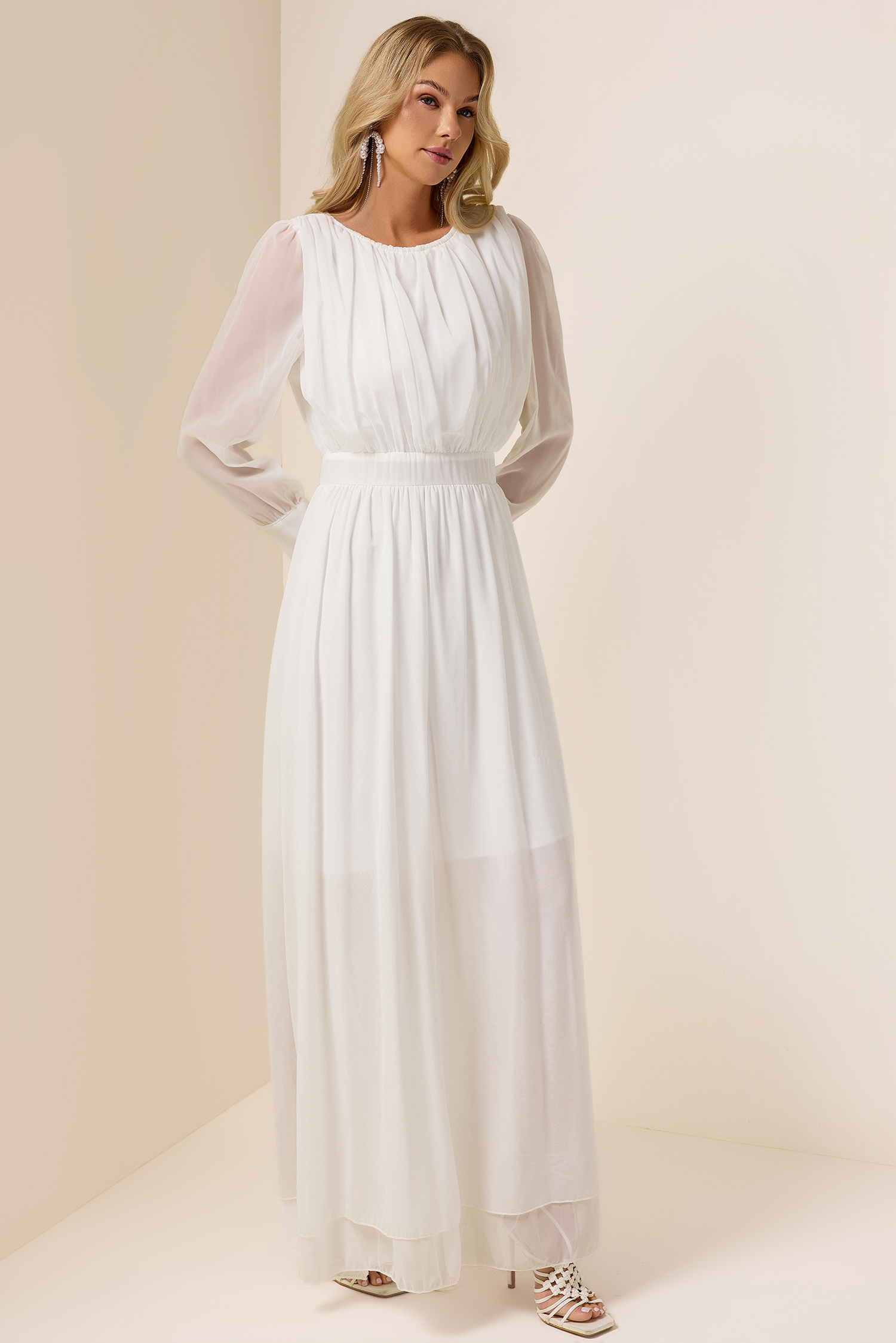 Solid Ruched Lantern Sleeve Maxi Dress
