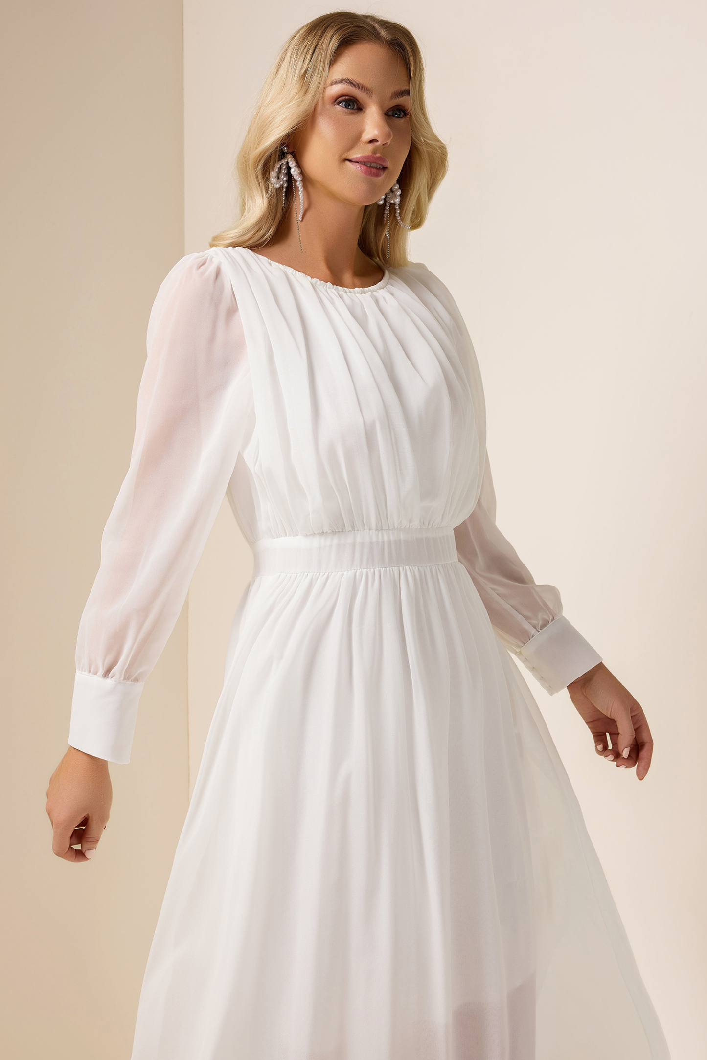 Solid Ruched Lantern Sleeve Maxi Dress