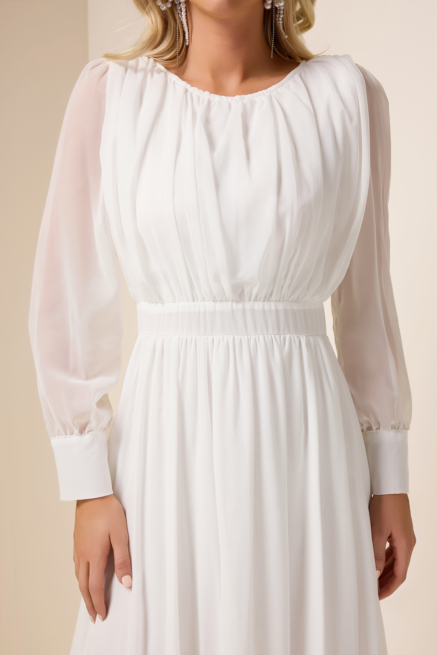 Solid Ruched Lantern Sleeve Maxi Dress