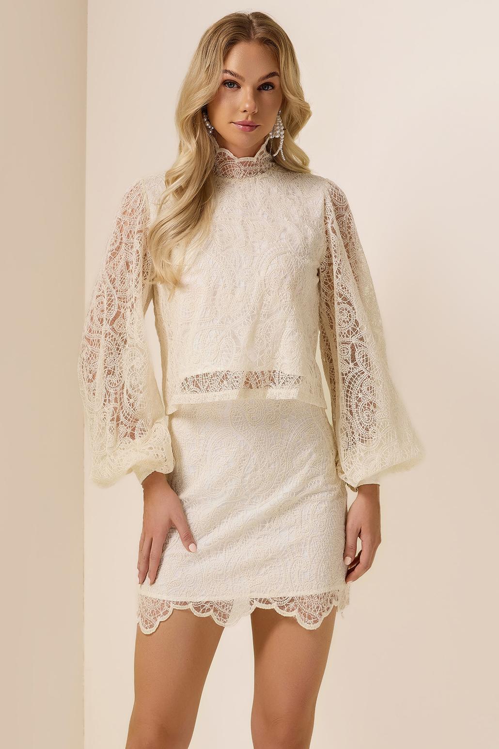 Lace High Neck Lantern Sleeve Top & Hight Waist Skirt Set