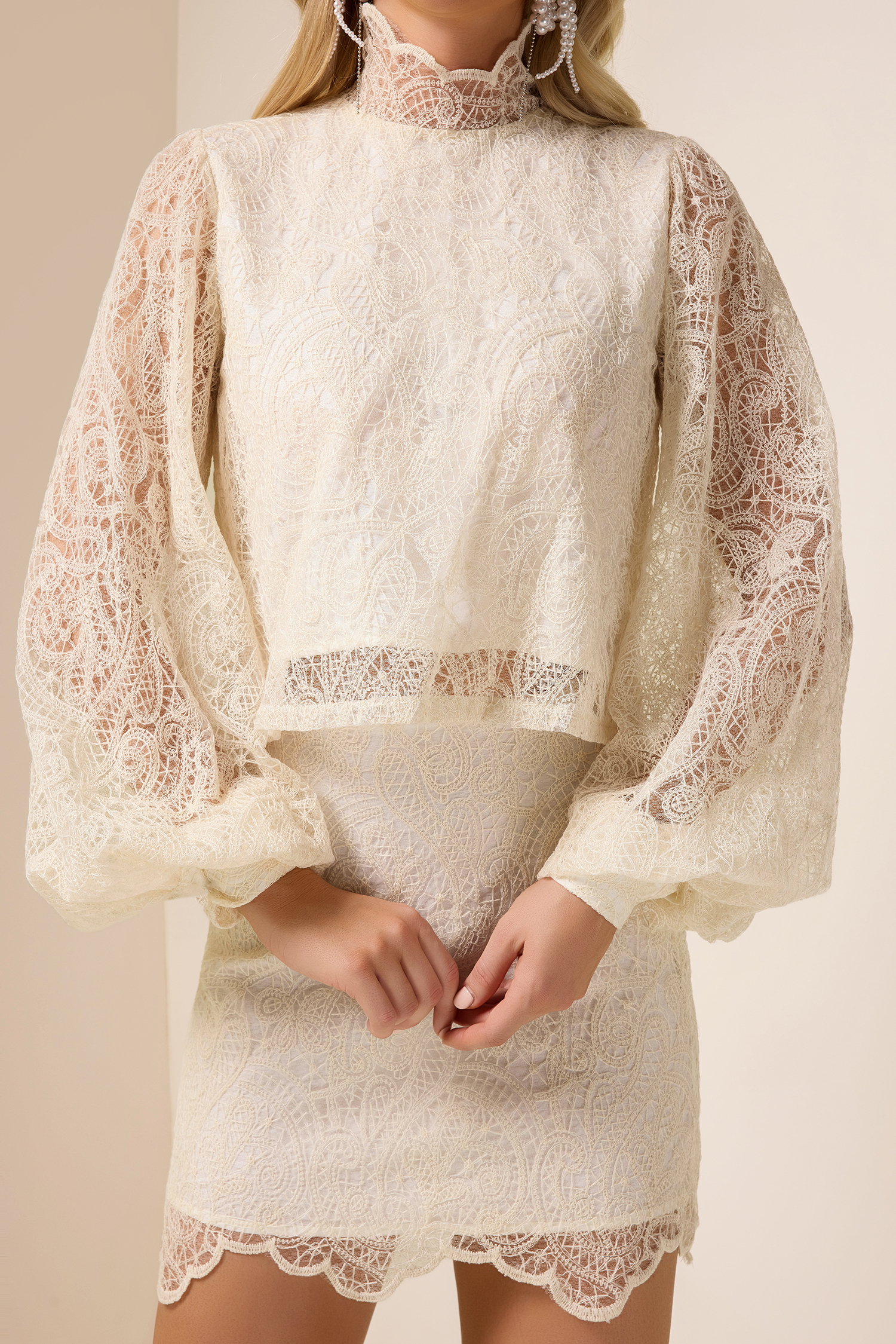 Lace High Neck Lantern Sleeve Top & Hight Waist Skirt Set