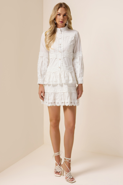 Solid Lace Ruffle Lantern Sleeve Mini Dress