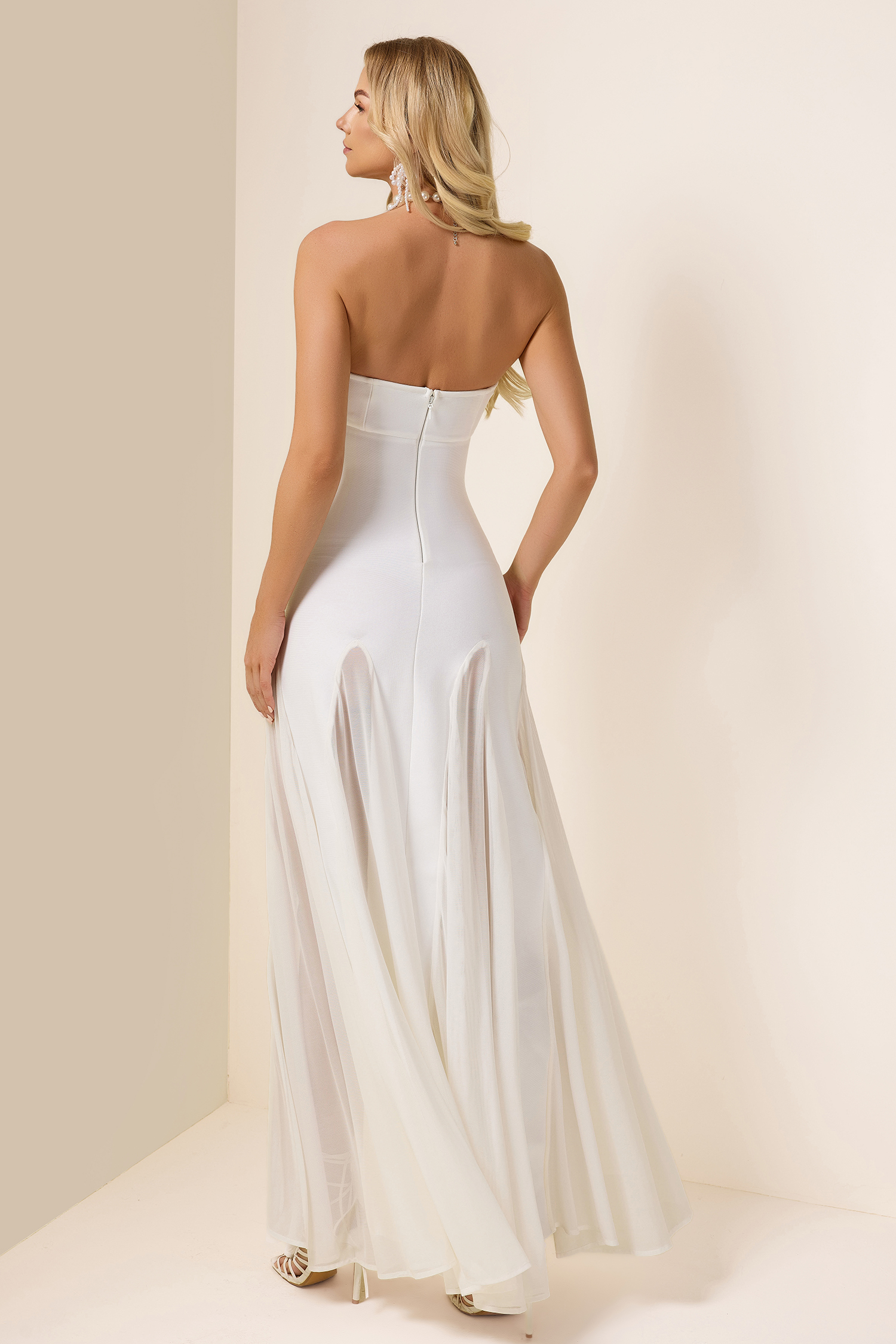 Off-Shoulder Solid Mesh Maxi Dress