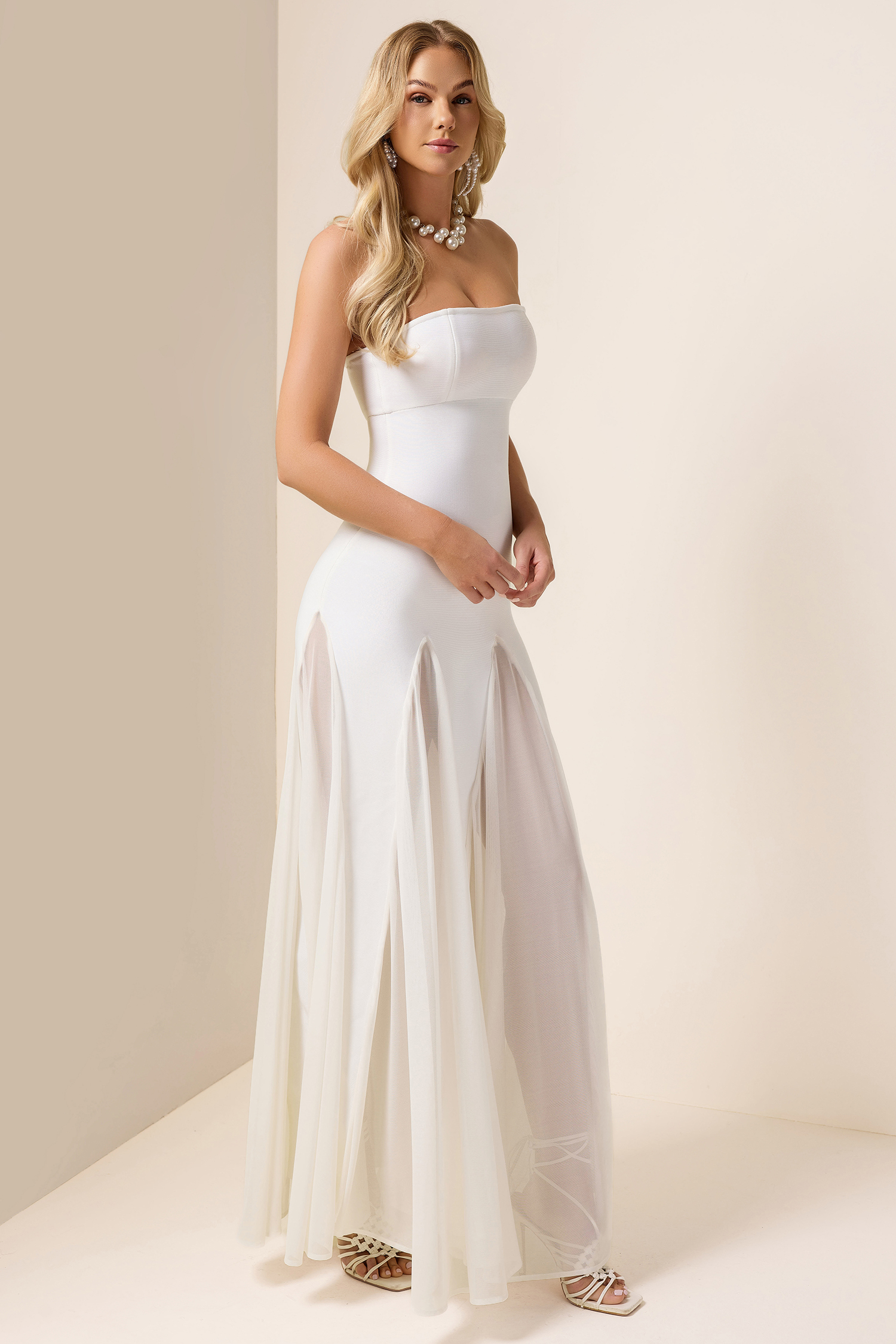 Off-Shoulder Solid Mesh Maxi Dress