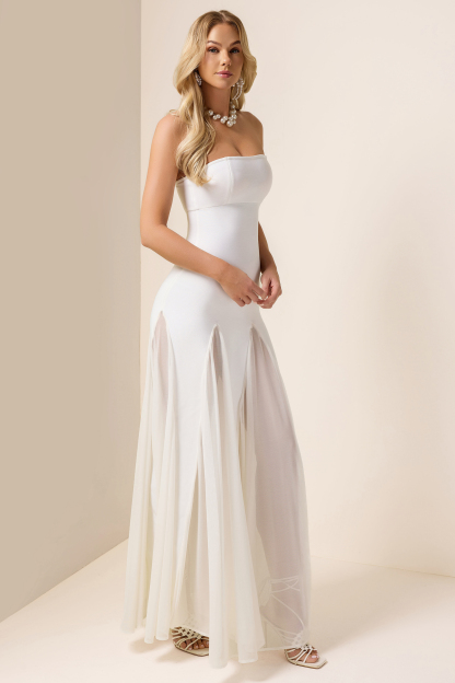 Off-Shoulder Solid Mesh Maxi Dress