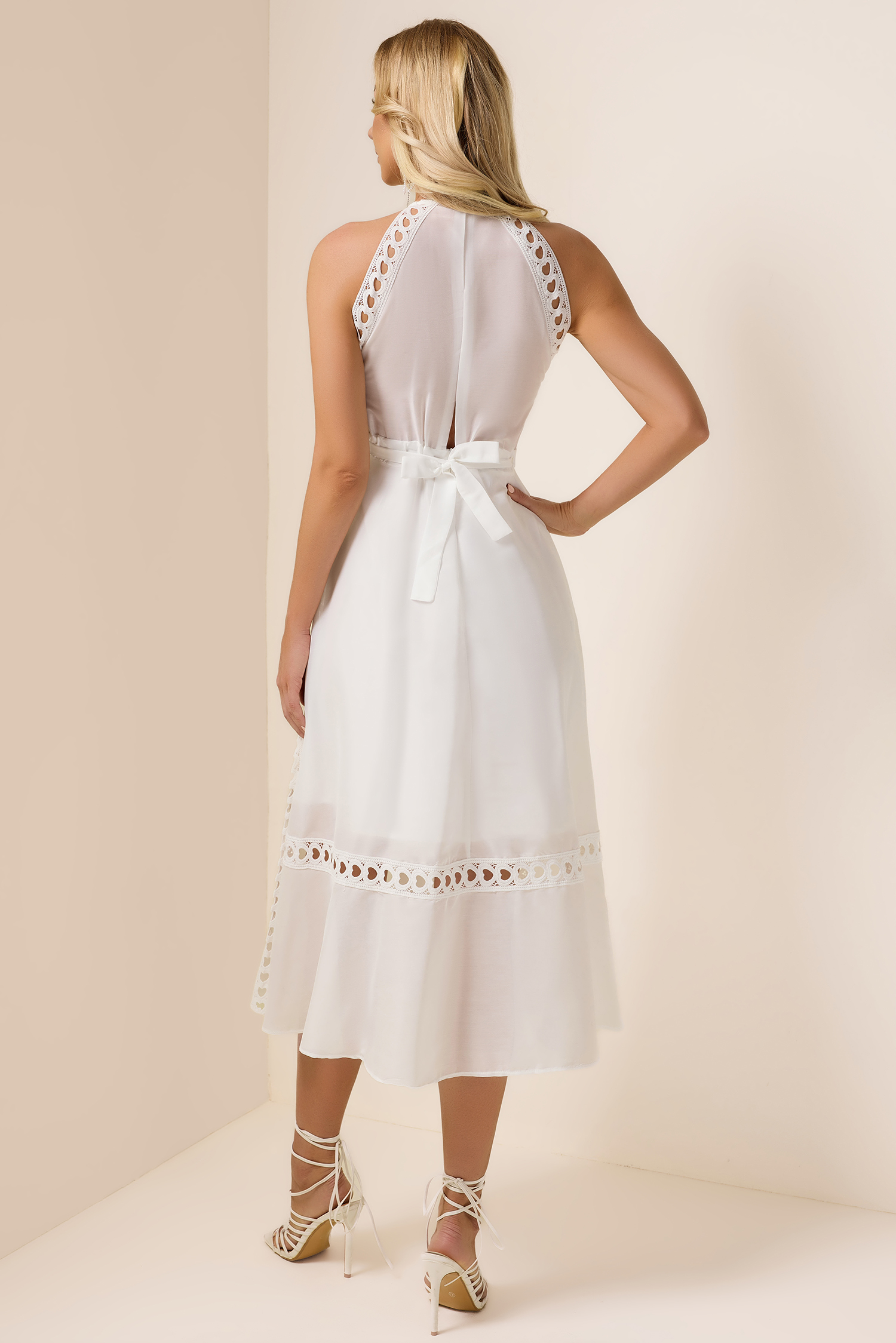 Solid Heart Shape Lace Halter Neck Midi Dress