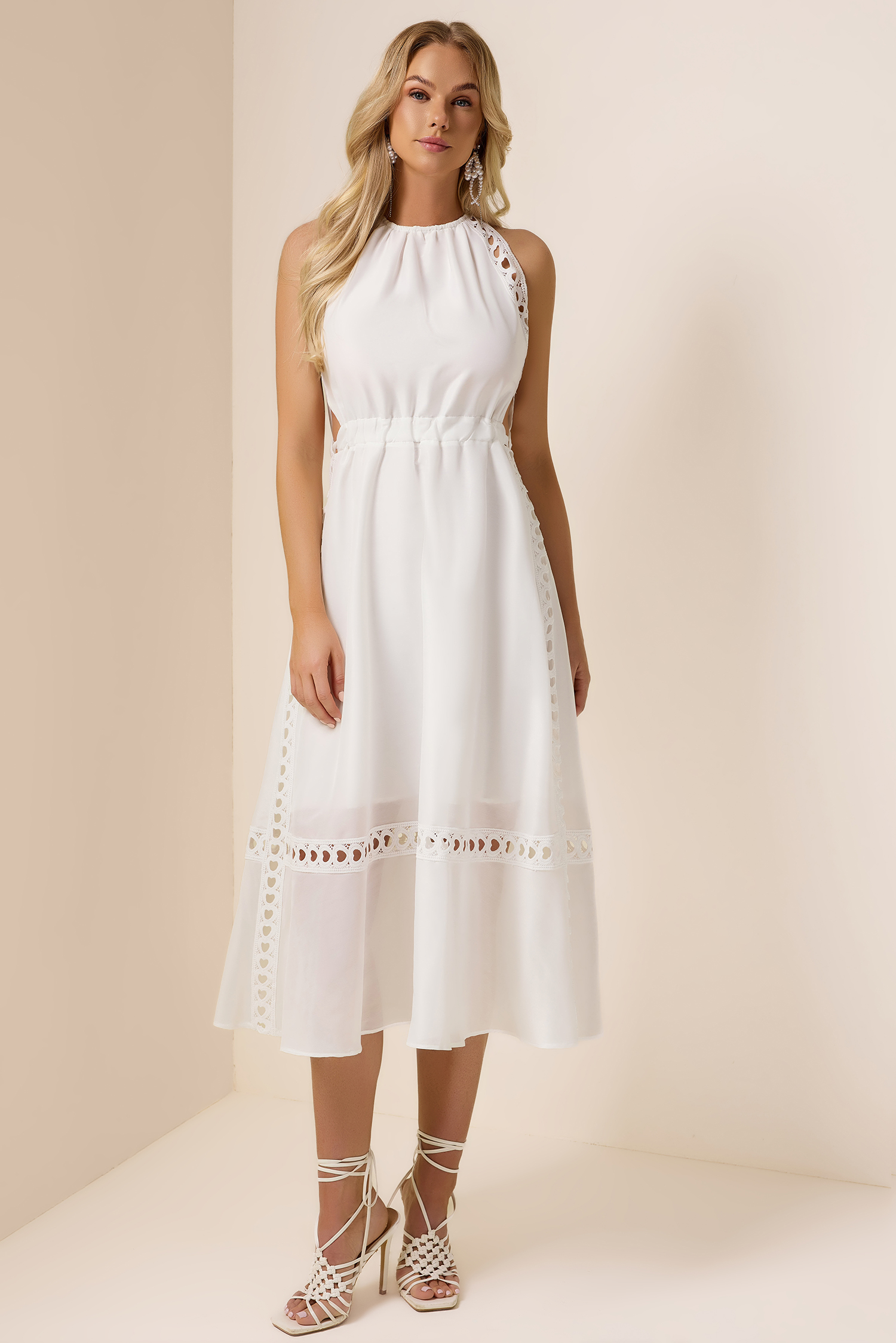 Solid Heart Shape Lace Halter Neck Midi Dress