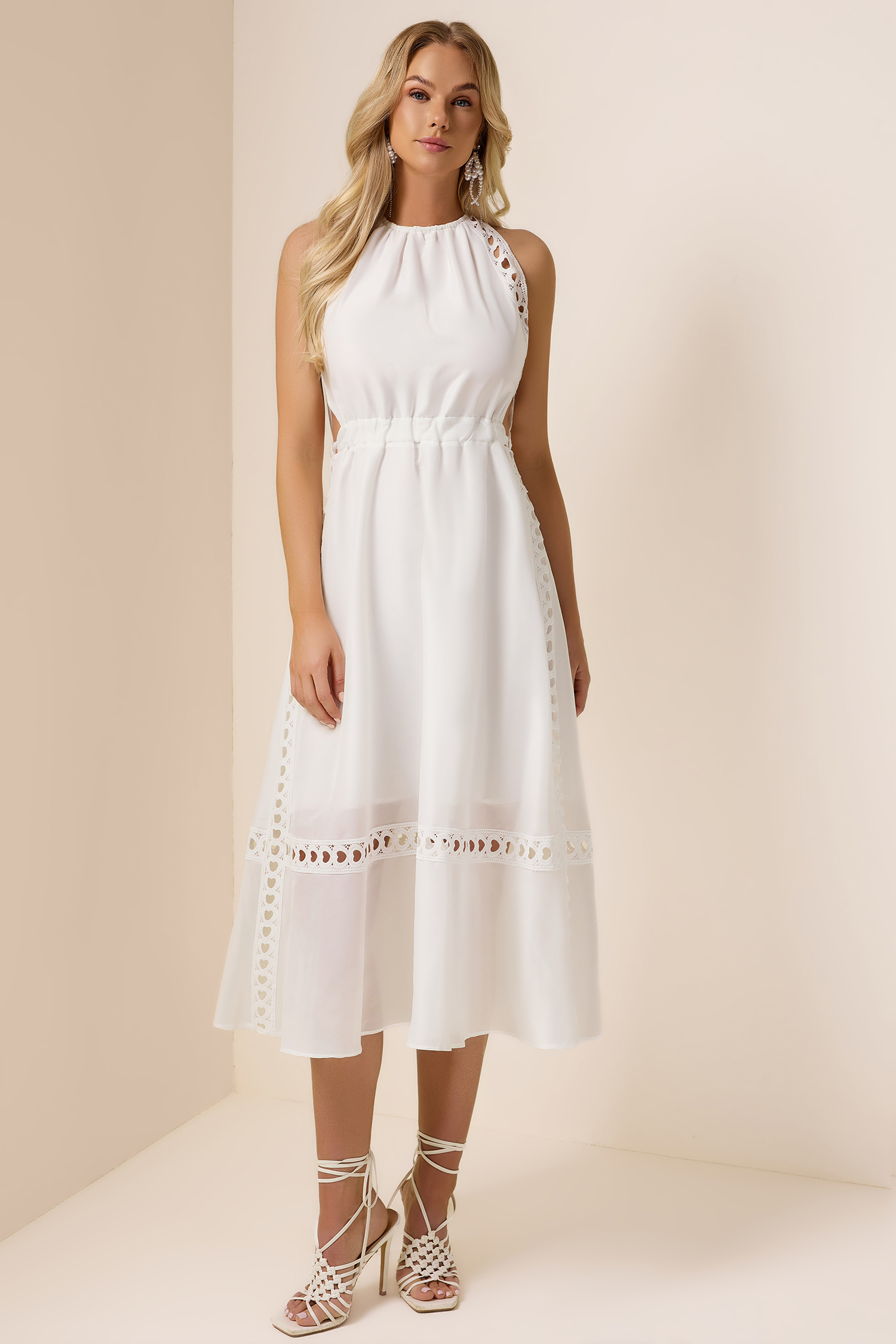 Solid Heart Shape Lace Halter Neck Midi Dress